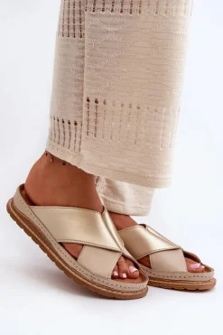 Skórzane Profilowane Klapki Maciejka 04986-04 Złoto-Beżowe