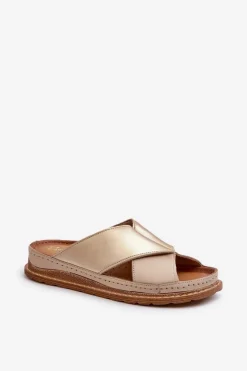 Skórzane Profilowane Klapki Maciejka 04986-04 Złoto-Beżowe