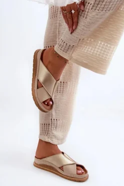 Skórzane Profilowane Klapki Maciejka 04986-04 Złoto-Beżowe