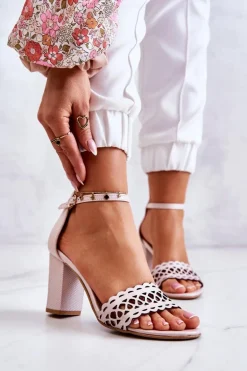 Skórzane Sandałki Ażurowe Lewski 2869 Perłowy Róż