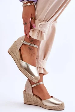 Skórzane Sandałki Espadryle Na Koturnie Złote Cammer