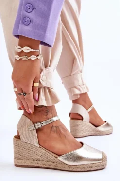 Skórzane Sandałki Espadryle Na Koturnie Złote Cammer