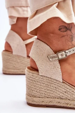 Skórzane Sandałki Espadryle Na Koturnie Złote Cammer