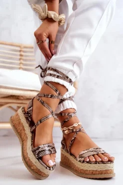 Skórzane Sandałki Espadryle Na Koturnie Beżowo-Brązowe Shanny