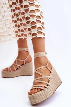 Skórzane Sandałki Na Koturnie Beżowe Margaritt