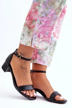 Skórzane Sandałki Na Obcasie Gładkie Czarne Inspire Me!