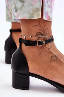 Skórzane Sandałki Na Obcasie Gładkie Czarne Inspire Me!