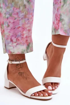 Skórzane Sandałki Na Obcasie Gładkie Białe Inspire Me!