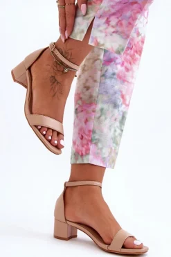 Skórzane Sandałki Na Obcasie Gładkie Beżowe Inspire Me!