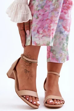 Skórzane Sandałki Na Obcasie Gładkie Beżowe Inspire Me!