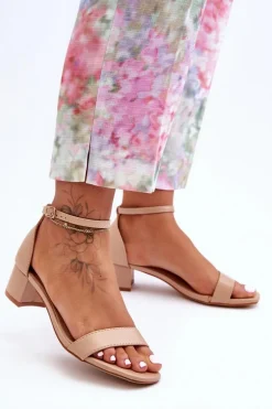 Skórzane Sandałki Na Obcasie Gładkie Beżowe Inspire Me!