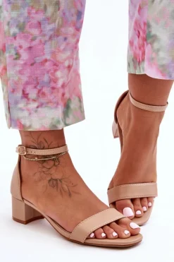 Skórzane Sandałki Na Obcasie Gładkie Beżowe Inspire Me!