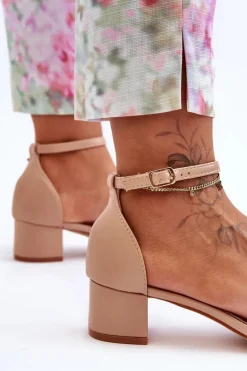 Skórzane Sandałki Na Obcasie Gładkie Beżowe Inspire Me!