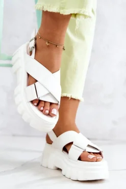 Skórzane Sandałki Na Platformie Białe Betti
