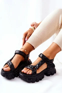 Skórzane Sandałki Na Platformie Czarne Promissy