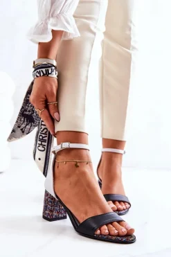 Skórzane Sandałki Na Słupku Czarno-Białe Lorene