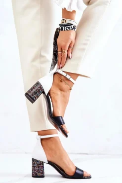 Skórzane Sandałki Na Słupku Czarno-Białe Lorene