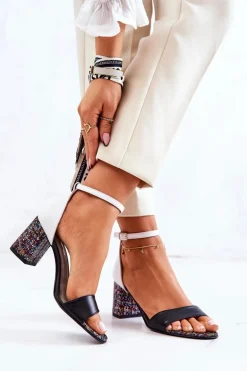 Skórzane Sandałki Na Słupku Czarno-Białe Lorene