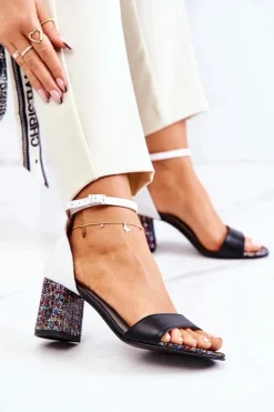 Skórzane Sandałki Na Słupku Czarno-Białe Lorene