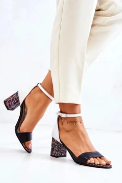 Skórzane Sandałki Na Słupku Czarno-Białe Lorene