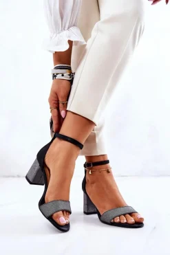 Skórzane Sandałki Na Słupku Czarno-Srebrne Lorene