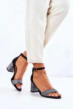 Skórzane Sandałki Na Słupku Czarno-Srebrne Lorene