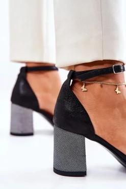 Skórzane Sandałki Na Słupku Czarno-Srebrne Lorene