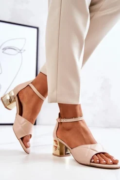 Skórzane Sandałki Na Słupku Lewski 3027 Beżowe