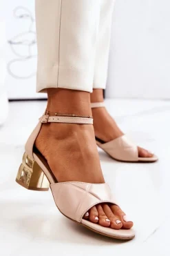 Skórzane Sandałki Na Słupku Lewski 3027 Beżowe