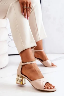Skórzane Sandałki Na Słupku Lewski 3027 Beżowe
