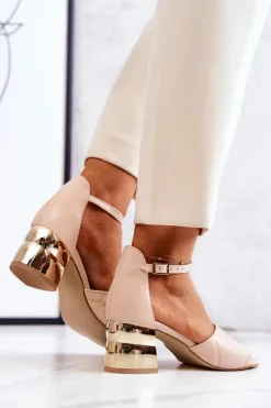 Skórzane Sandałki Na Słupku Lewski 3027 Beżowe