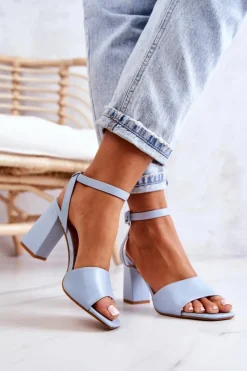 Skórzane Sandałki Na Słupku Niebieskie Estrella