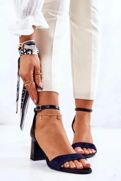 Skórzane Sandałki Na Słupku Czarno-Granatowe Lorene