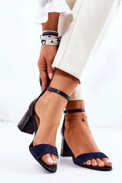 Skórzane Sandałki Na Słupku Czarno-Granatowe Lorene