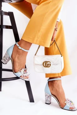 Skórzane Sandałki Na Słupku Z Kryształkami Niebieskie Velinda