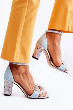 Skórzane Sandałki Na Słupku Z Kryształkami Niebieskie Velinda