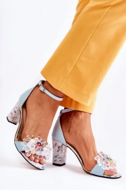 Skórzane Sandałki Na Słupku Z Kryształkami Niebieskie Velinda