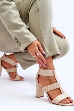 Skórzane Sandały Botki Na Obcasie Beżowe Marren