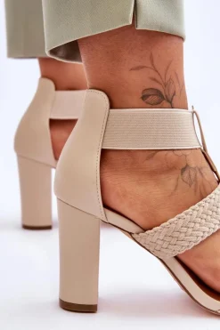 Skórzane Sandały Botki Na Obcasie Beżowe Marren