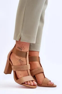 Skórzane Sandały Botki Na Obcasie Camel Marren