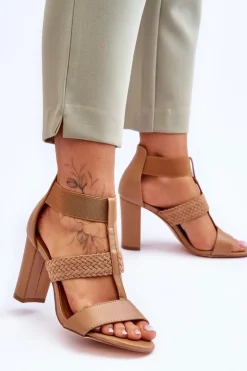 Skórzane Sandały Botki Na Obcasie Camel Marren