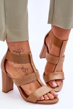 Skórzane Sandały Botki Na Obcasie Camel Marren