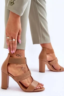 Skórzane Sandały Botki Na Obcasie Camel Marren