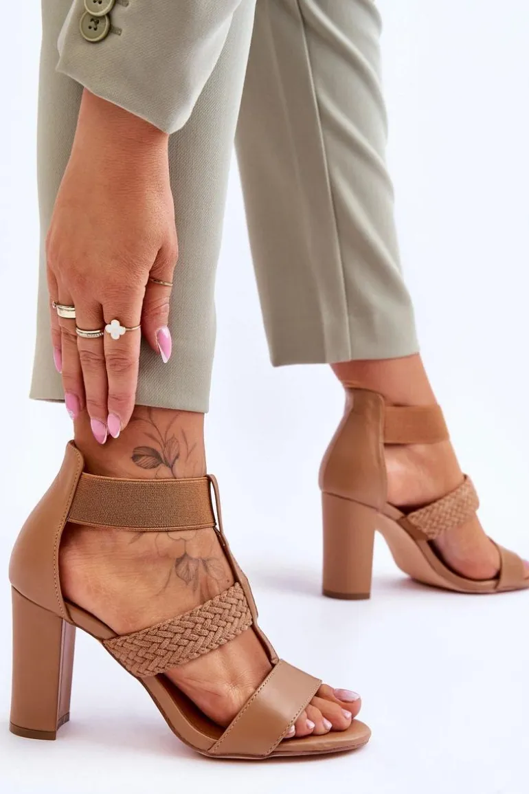 Skórzane Sandały Botki Na Obcasie Camel Marren