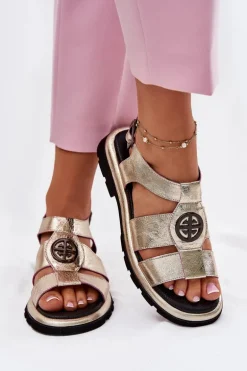 Skórzane Sandały Damskie Lakierowane Z Ozdobnym Detalem Artiker 56C0689 Złote