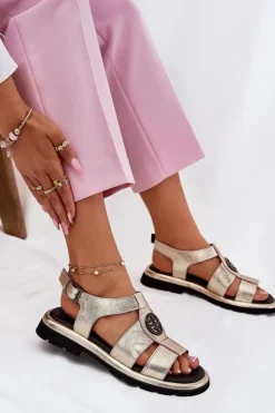 Skórzane Sandały Damskie Lakierowane Z Ozdobnym Detalem Artiker 56C0689 Złote