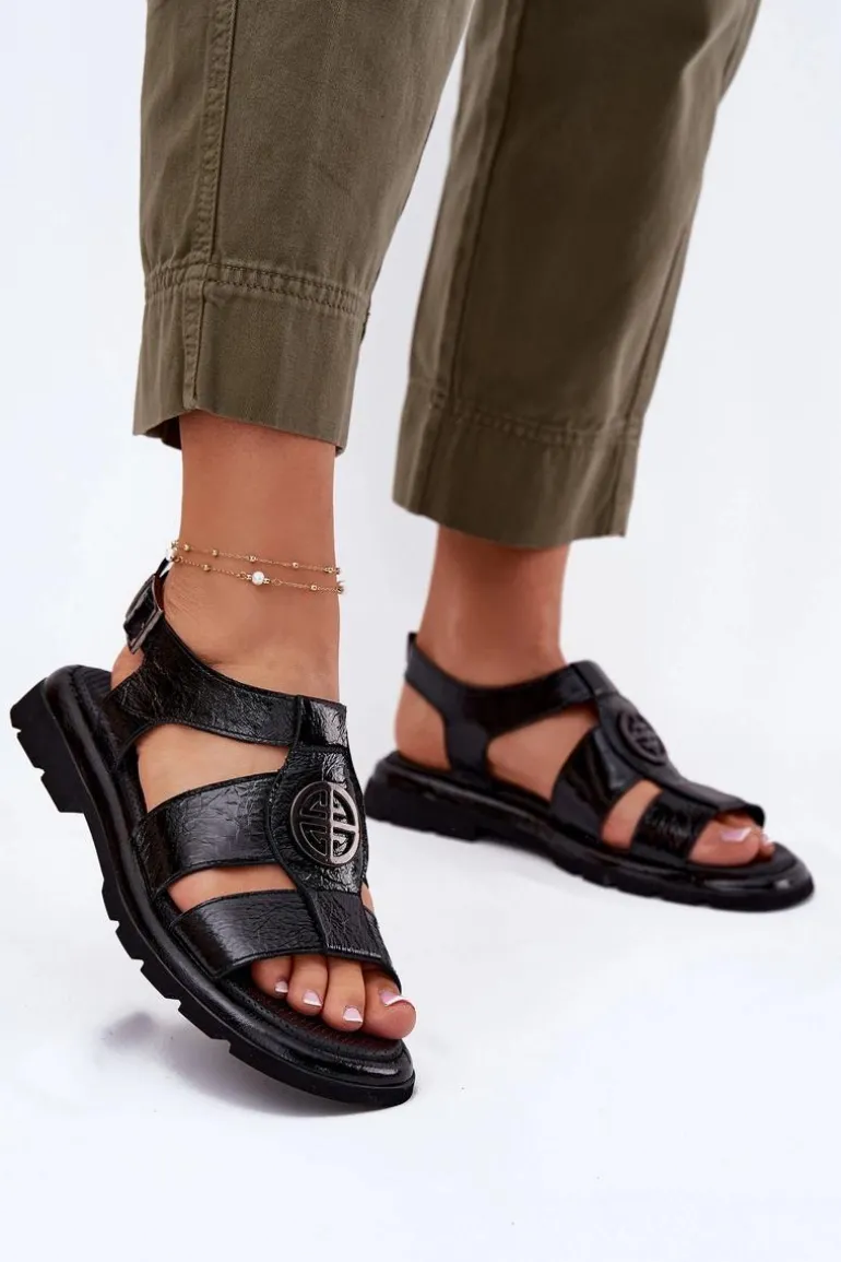 Skórzane Sandały Damskie Lakierowane Z Ozdobnym Detalem Artiker 56C0691 Czarne