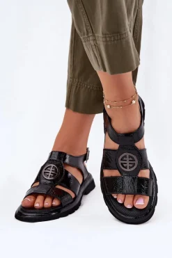 Skórzane Sandały Damskie Lakierowane Z Ozdobnym Detalem Artiker 56C0691 Czarne