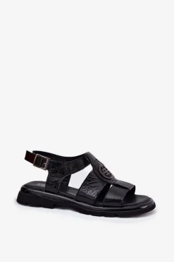 Skórzane Sandały Damskie Lakierowane Z Ozdobnym Detalem Artiker 56C0691 Czarne