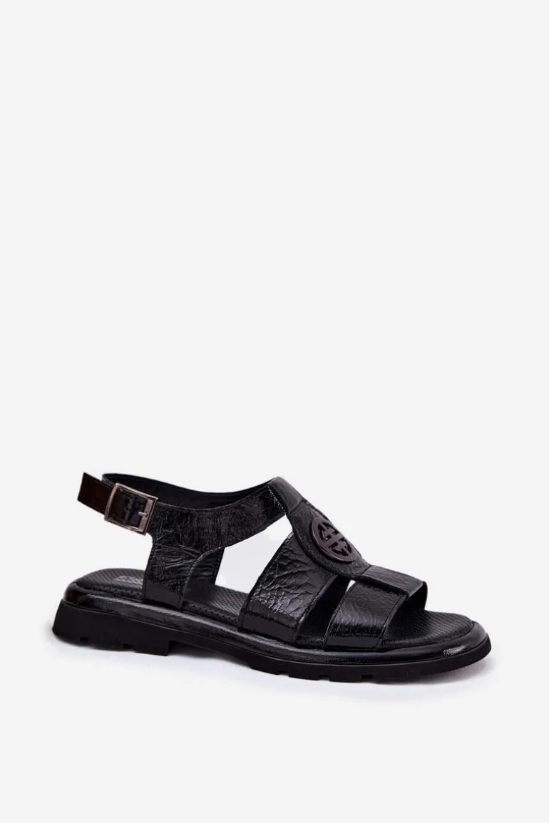 Skórzane Sandały Damskie Lakierowane Z Ozdobnym Detalem Artiker 56C0691 Czarne